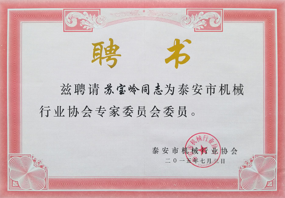 泰安市機械行業(yè)協(xié)會(huì )專(zhuān)家聘書(shū)